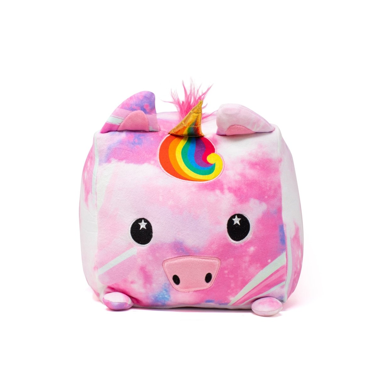 Raindrop the Unicorn Plushie is a cube-shaped pig plush toy with a pink tie-dye pattern, featuring a vibrant rainbow unicorn horn, pink ears, and a fluffy mane. It has black eyes with white stars, a snout, and small round feet.