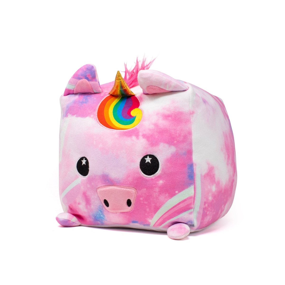 Raindrop the Unicorn Plushie is a pink and white cube-shaped toy featuring whimsical unicorn design elements like soft ears, a golden horn, a colorful mane, and an adorable face with starry eyes. The cloud-patterned fabric adds to its dreamy appeal.