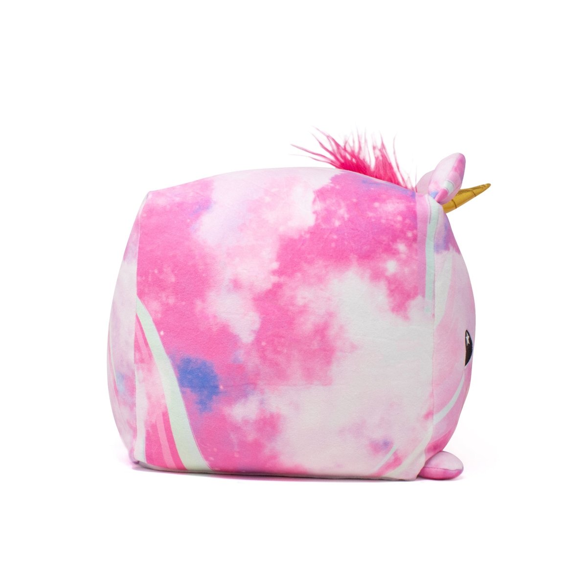 Raindrop the Unicorn Plushie is a charming square unicorn with a tie-dye pink and white pattern, featuring a golden horn, small ears, colorful fur tuft on top, and adorable eyes on the right side.