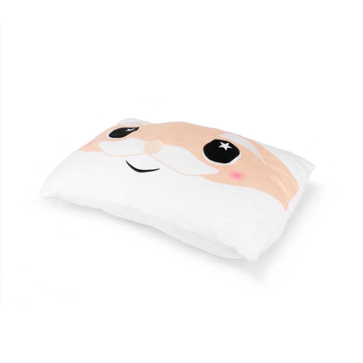 The Santa Pillow is a white plush cushion featuring a cute cartoon face, big black eyes with star highlights, rosy cheeks, a smiling mouth with a white mustache, and beige fur accents—perfect as a cozy winter companion.