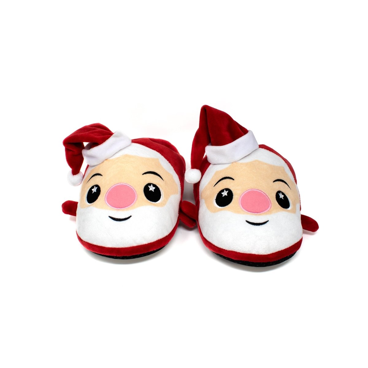 A pair of Santa Slippers with red hats, pink cheeks, white beards, and smiling faces are displayed against a plain white background, showcasing their festive charm.
