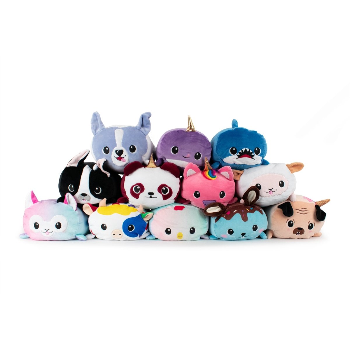 A pyramid of cuddly stuffed toys on a plain white background features plushies like Lola the Pug and others such as a panda, unicorn, narwhal, cat, pig, and dragon. Each has large cute eyes and smiling expressions.