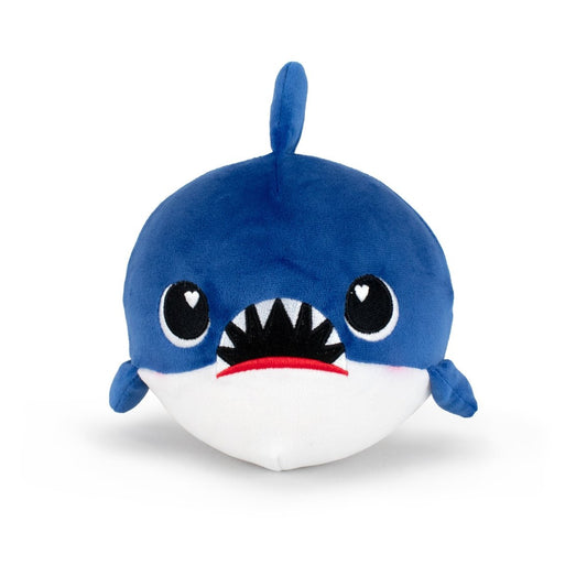 The Jumbo Plushy Skwishy Neptune is a round plush toy resembling a blue shark, featuring large eyes with heart-shaped pupils, a small dorsal fin, jagged teeth, and a smiling white underside.