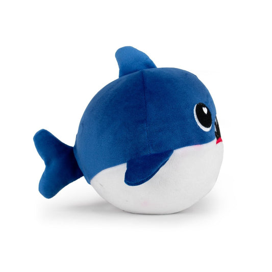 The Jumbo Plushy Skwishy Neptune is a round plush toy resembling a cute blue and white shark, featuring a small dorsal fin, side fins, a tail, large embroidered eyes, and a tiny pink mouth.