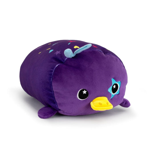 Sylvie the Platypus is a cute plush toy with purple fabric, a blue star around one eye, yellow beak, and colorful spots and stars on its back. This soft, machine-washable toy is perfect for cuddles and easy care.