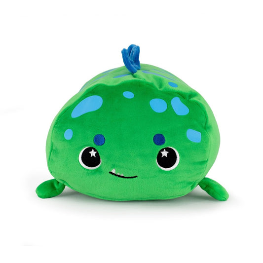 Sinclair the Dino is a plush toy shaped like a green dinosaur with blue spots, a small blue crest, black eyes with star highlights, a smiling mouth, and two short legs, shown on a white background.
