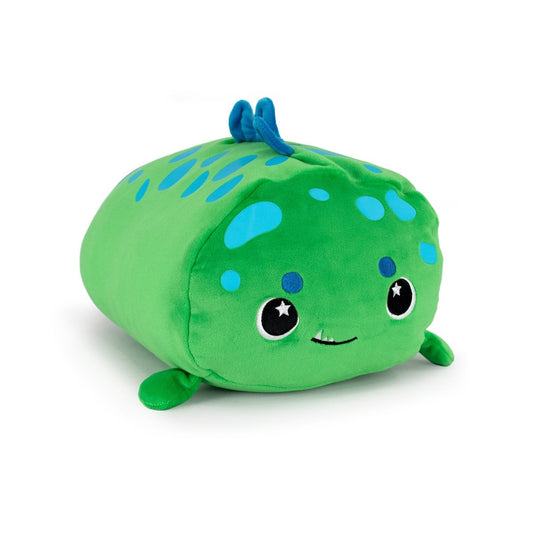 Sinclair the Dino is a plush toy shaped like a green rectangle with blue spots, big black eyes with star highlights, a small smile, and two small blue fins on top.