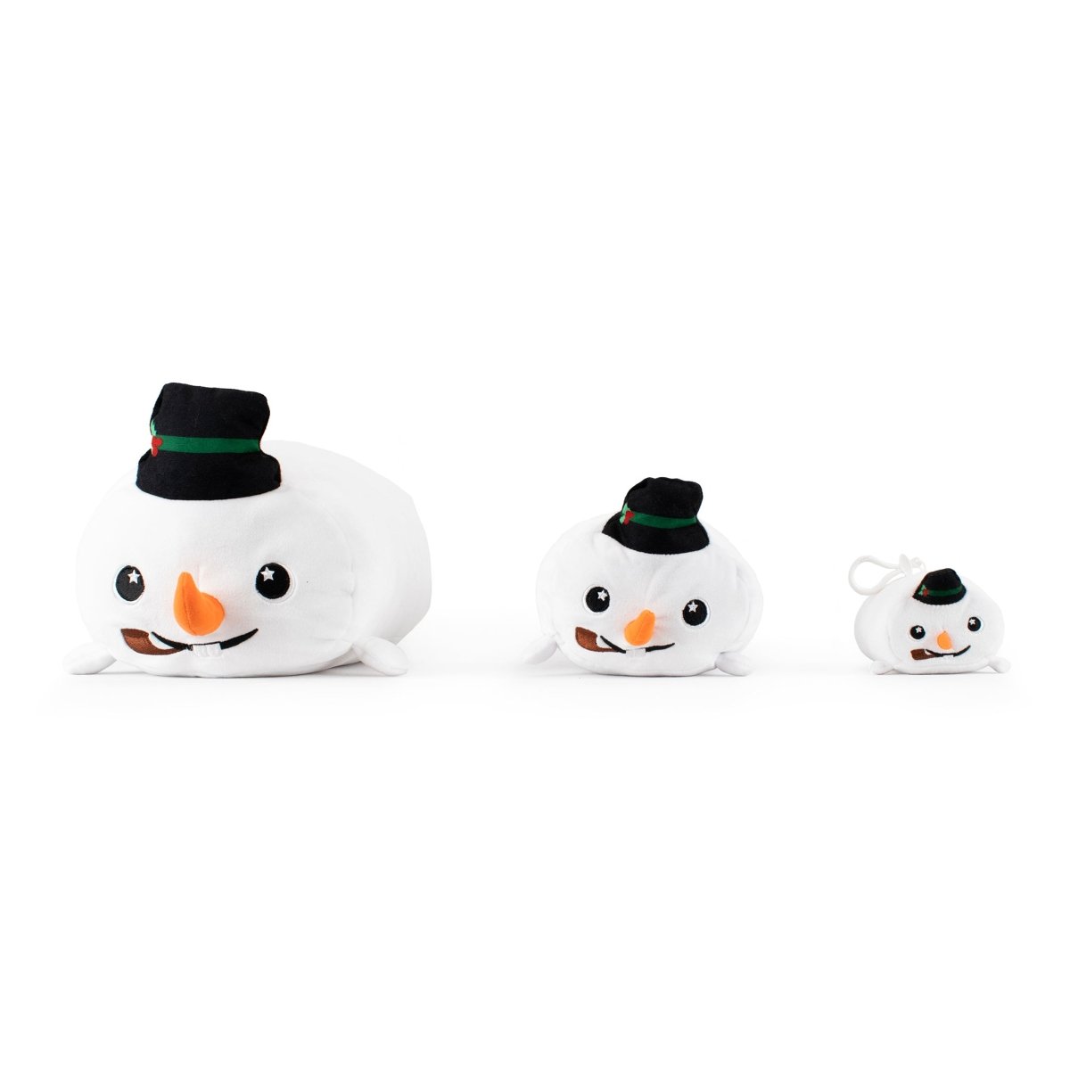 Three plush snowman toys with carrot noses, black hats, and embroidered eyes: Large on the left, medium in the center, and Jack the Snowman Clip-On (keychain) on the right.