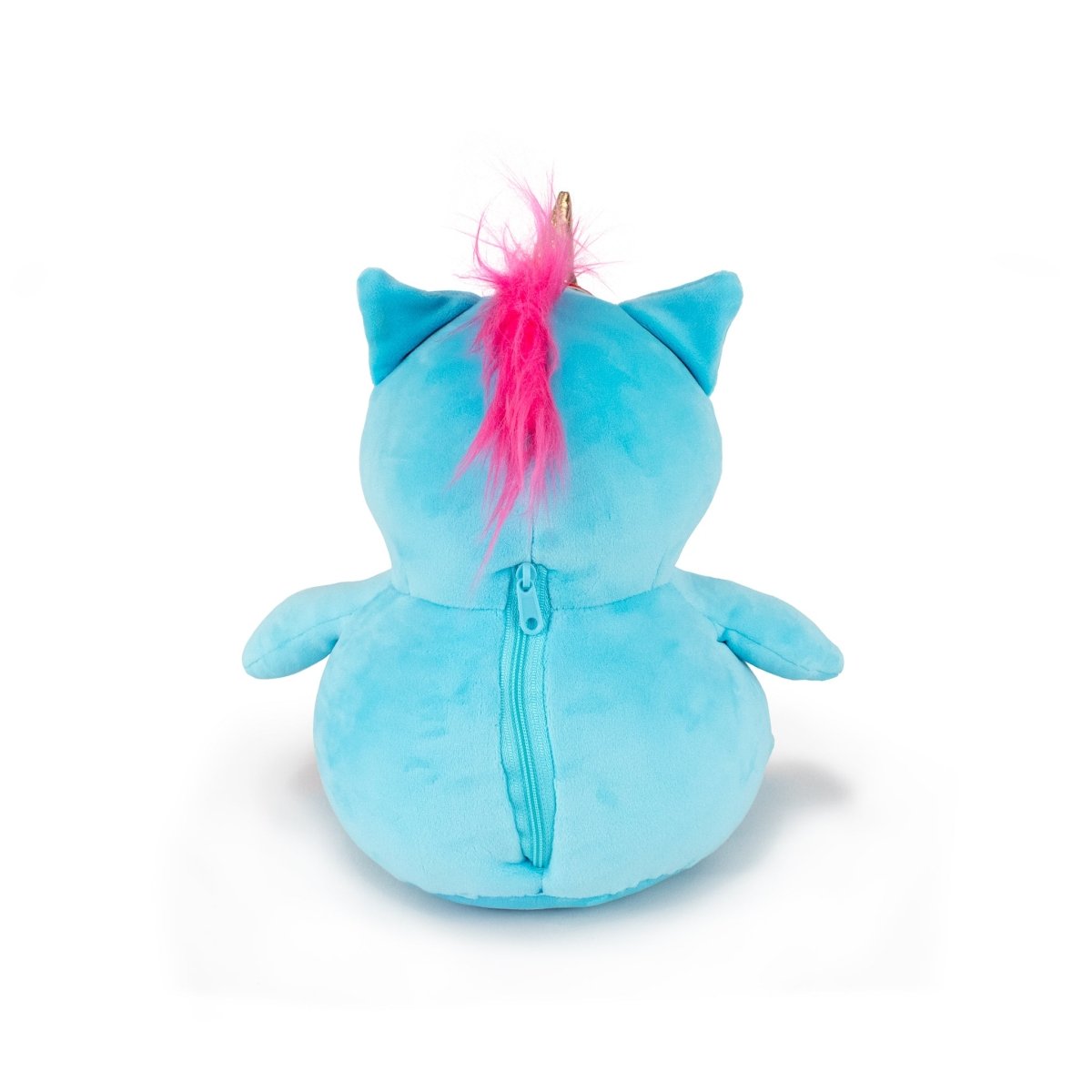 The Starlight Sparkle 2-in-1 Travel U-Neck Pillow is a blue plush unicorn with a pink mane, gold horn, cat-like ears, and small outstretched arms. It features a zipper down the back, shown from the rear view in the image.