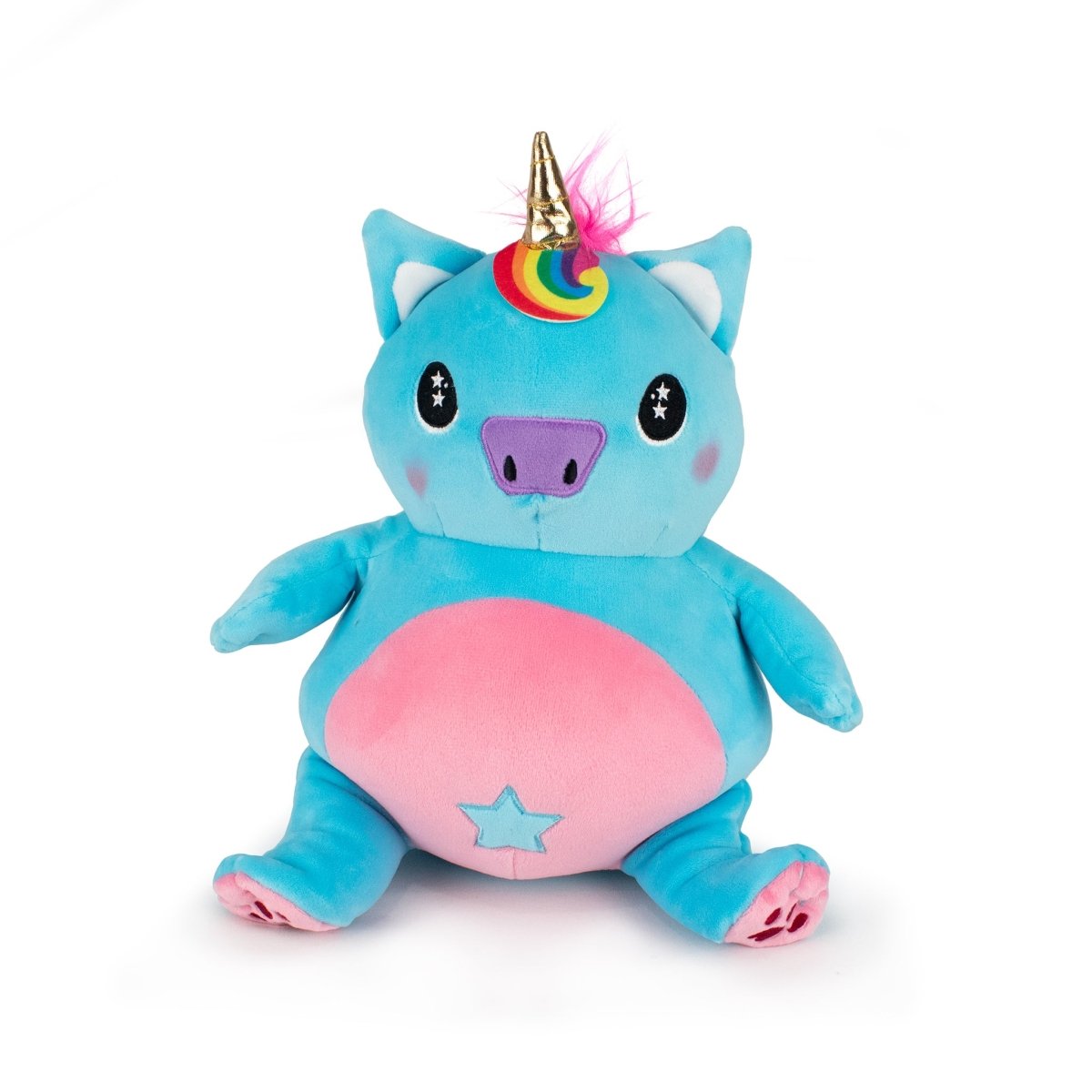 Meet Starlight Sparkle, a 2-in-1 Travel U-Neck Pillow shaped like a chubby blue unicorn with a pink belly, rainbow mane, yellow and pink horn, star on its belly, pig-like snout—all made from high-quality materials.
