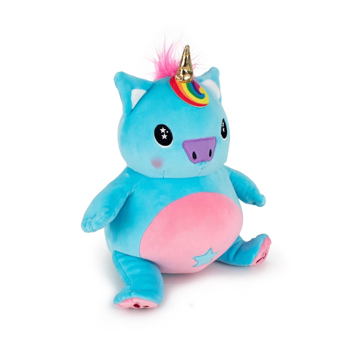 The Starlight Sparkle 2-in-1 Travel U-Neck Pillow features plush blue fabric, a pink belly, golden horn, rainbow accents, starry eyes, and a blue star on its left leg—your perfect travel buddy against a white background.