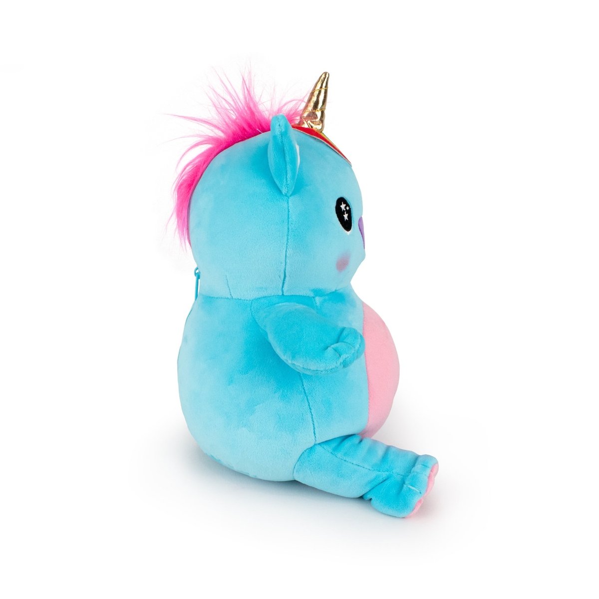 The Starlight Sparkle 2-in-1 Travel U-Neck Pillow is a plush blue unicorn with a gold horn, pink mane, black button eyes, and a round pink belly, sitting upright and facing sideways on a white background.
