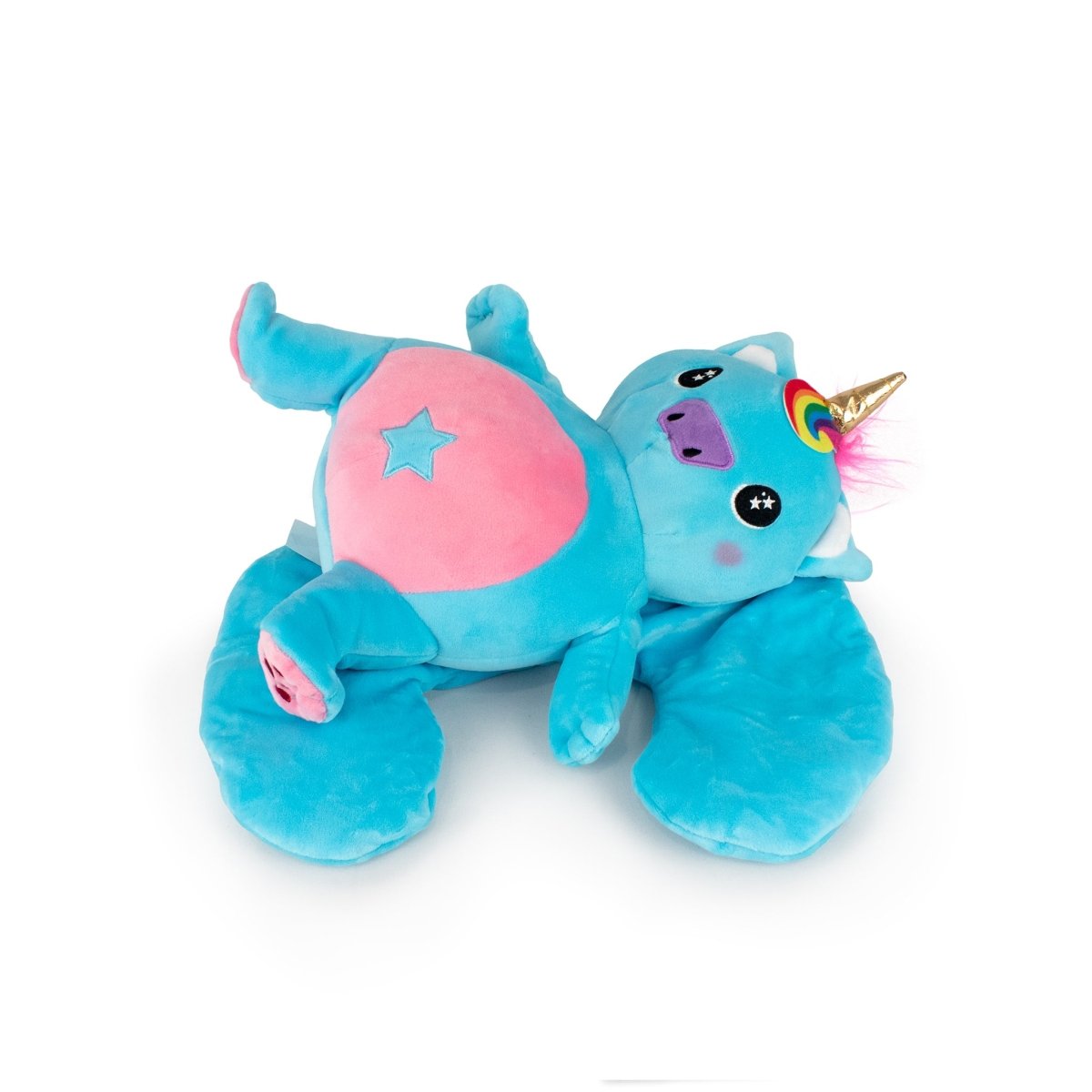 The Starlight Sparkle 2-in-1 Travel U-Neck Pillow features a plush blue unicorn design with a pink belly, gold horn, rainbow mane, and star—your cozy Starlight Buddy for comfort and cuddles on the go.