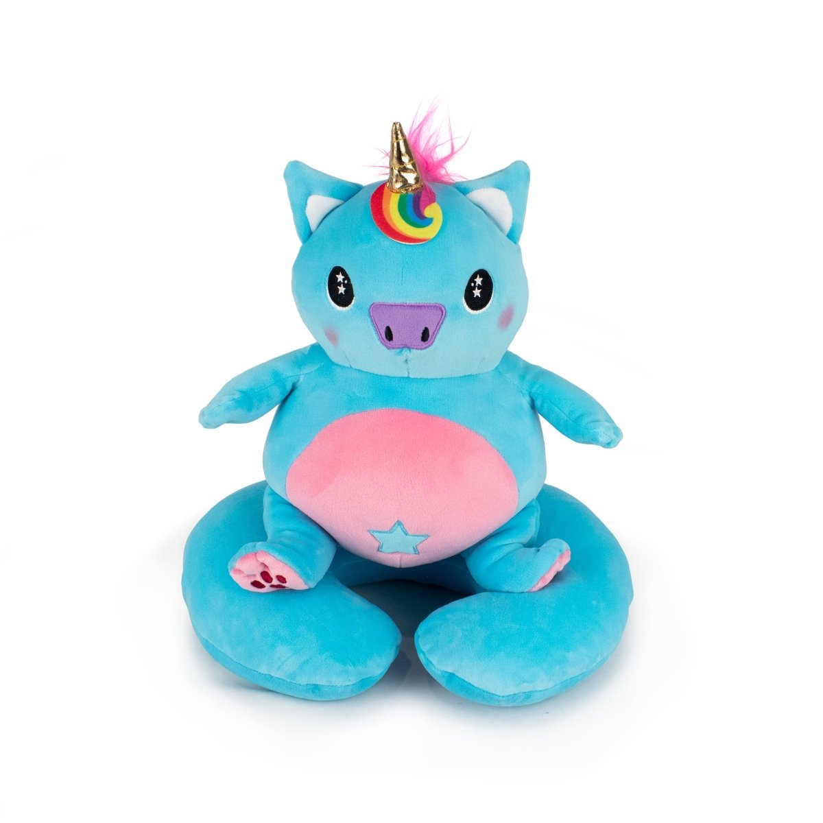 Meet Starlight Sparkle, a blue 2-in-1 travel U-neck pillow made from high-quality materials, featuring a pink belly, rainbow mane, golden horn, star-shaped eyes, and a small star on its belly against a white background.