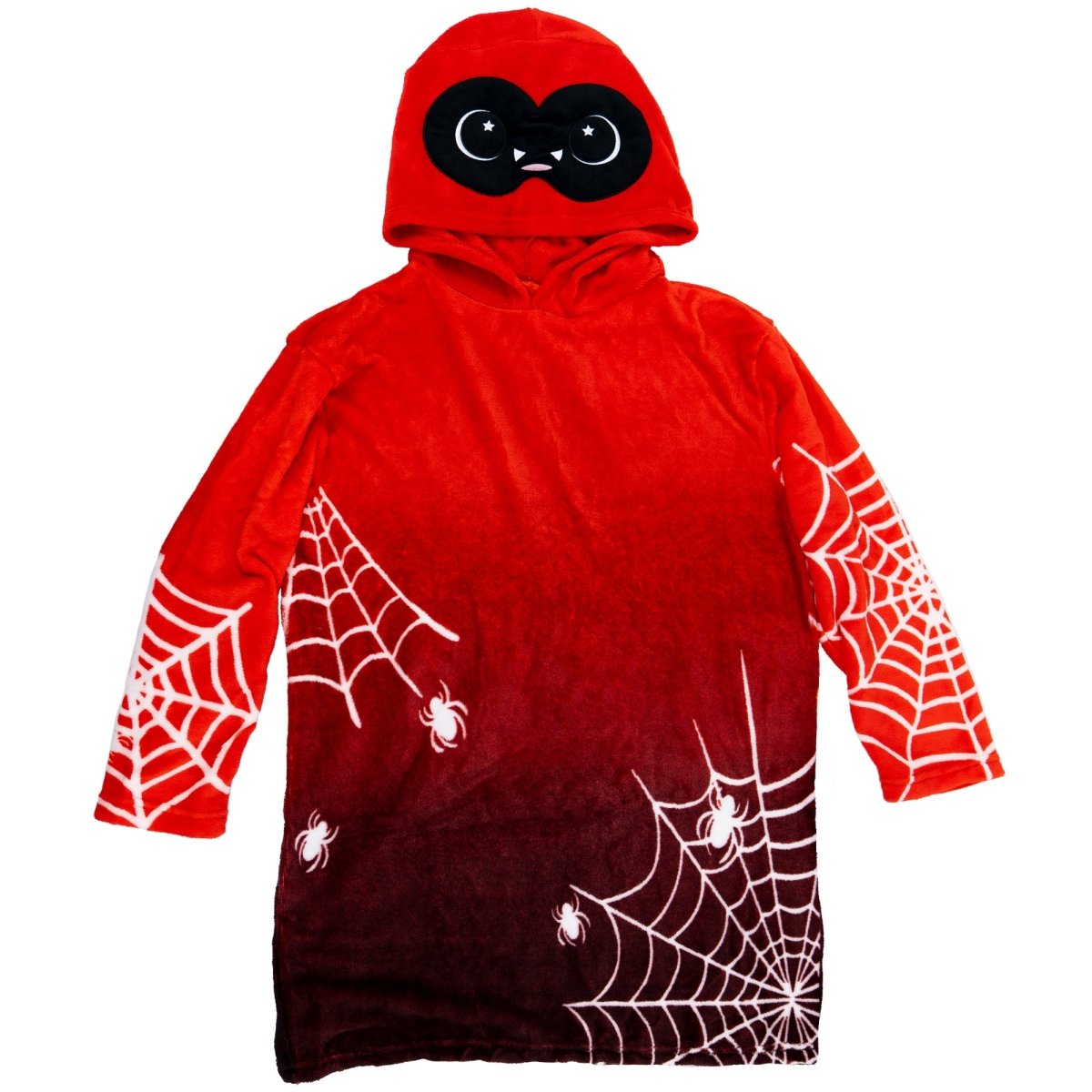 The Muffet the Spider Hooded Blanket is an adorable children's red poncho featuring cartoon eyes on the hood, complemented by white spider webs and spiders on the lower part, adding a plush toy-like charm.