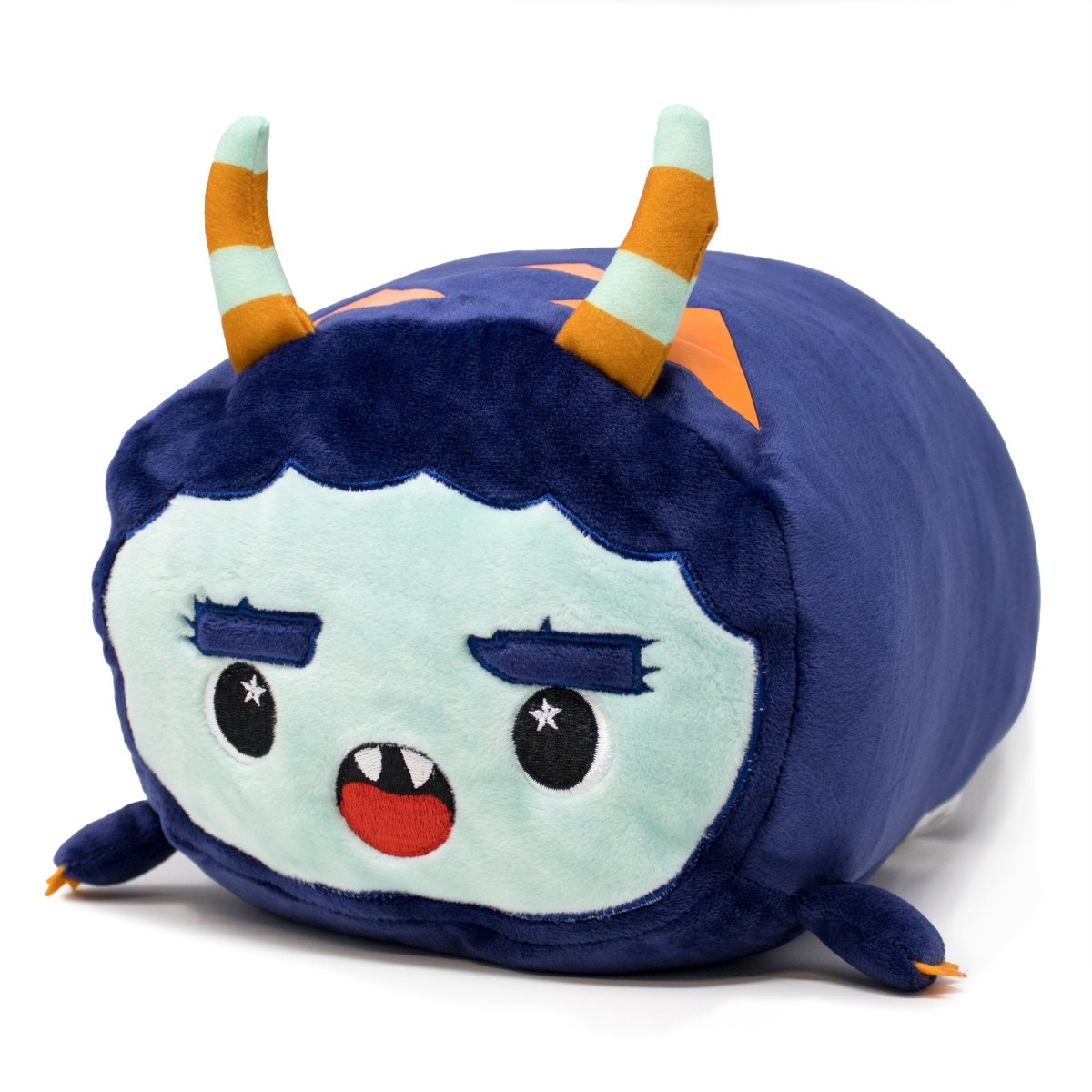 Meet Spike the Monster Plushie from the Cuddly Cuties collection, featuring a blue body, light blue face, small fangs, wide eyes, and striped orange horns. Designed for sensory softness, Spike is irresistibly soft and huggable.