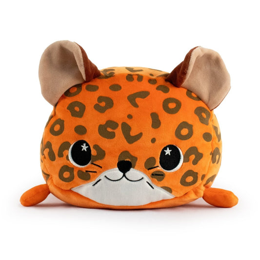 Meet Spotty the Leopard Plushie, a round and cuddly toy with an orange and brown leopard pattern. It showcases large floppy ears, starry eyes, and a smiling face. Its cartoonish charm makes it irresistible, plus it's machine washable for easy care.