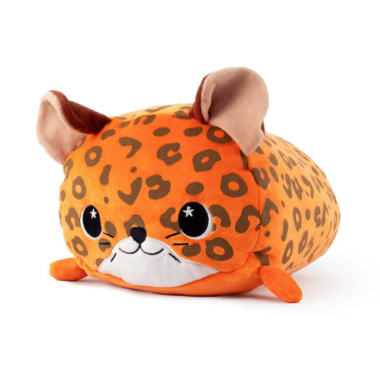 Meet Spotty the Leopard Plushie: a cuddly orange leopard with a round body, brown spots, large eyes, big floppy ears, and short limbs. It lies on its belly with a small nose and white under its face. Bonus—it's machine washable for easy care!.