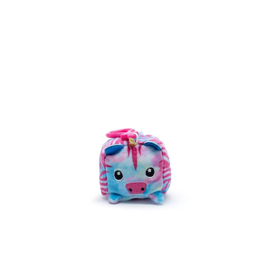 The Aurora the Zebracorn Square Plush Clip-On, a vibrant plush toy with blue and pink stripes, big eyes, and a snout from Moosh-Moosh Series 1, sits against a plain white background.