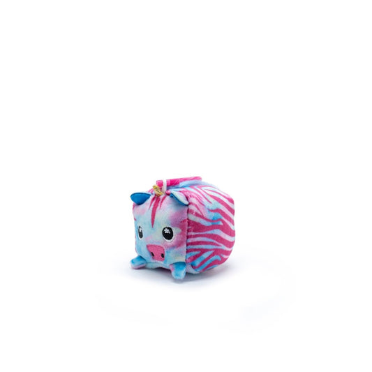 The Aurora the Zebracorn Square Plush Clip-On is a cube-shaped, Moosh-Moosh Series 1 toy featuring a pink and blue zebra pattern with a small tail, ears, big eyes, and vibrant colors on a white background.