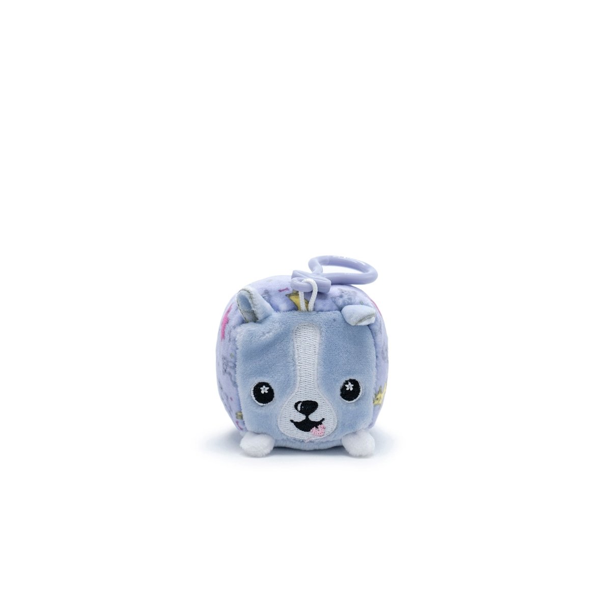 Introducing Connie the Corgi Square Plush Clip-On from Moosh-Moosh Series 1 Squared! This cute plush, with its light blue face, lavender body, black embroidered eyes, and playful pink tongue, features a handy clip for easy attachment.