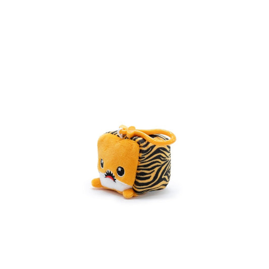 Introducing Mac the Tiger Square Plush Clip-On, a cube-shaped plushie with an orange front, tiger stripe sides, big-eyed face on a white background, tiny nose, short legs, and handy top loop—perfect as your cute tiger shark clip-on companion!.