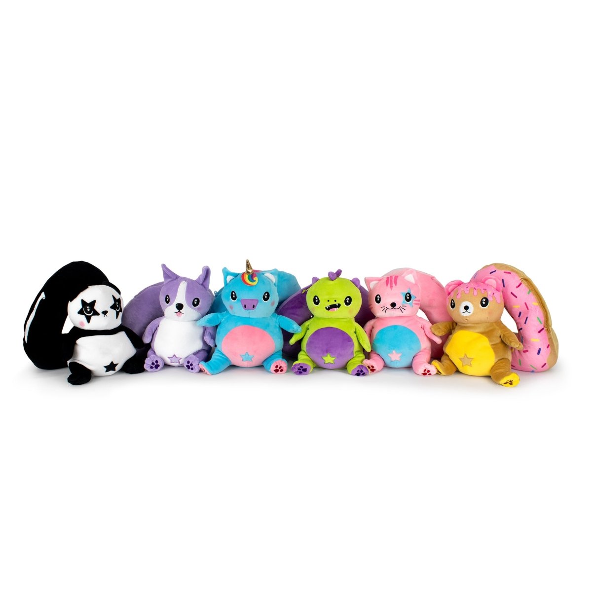 The Starlight Drac 2-in-1 Travel U-Neck Pillow, designed as a vibrant green dragon plush, is displayed alongside five other colorful Starlight Buddy friends against a white background.