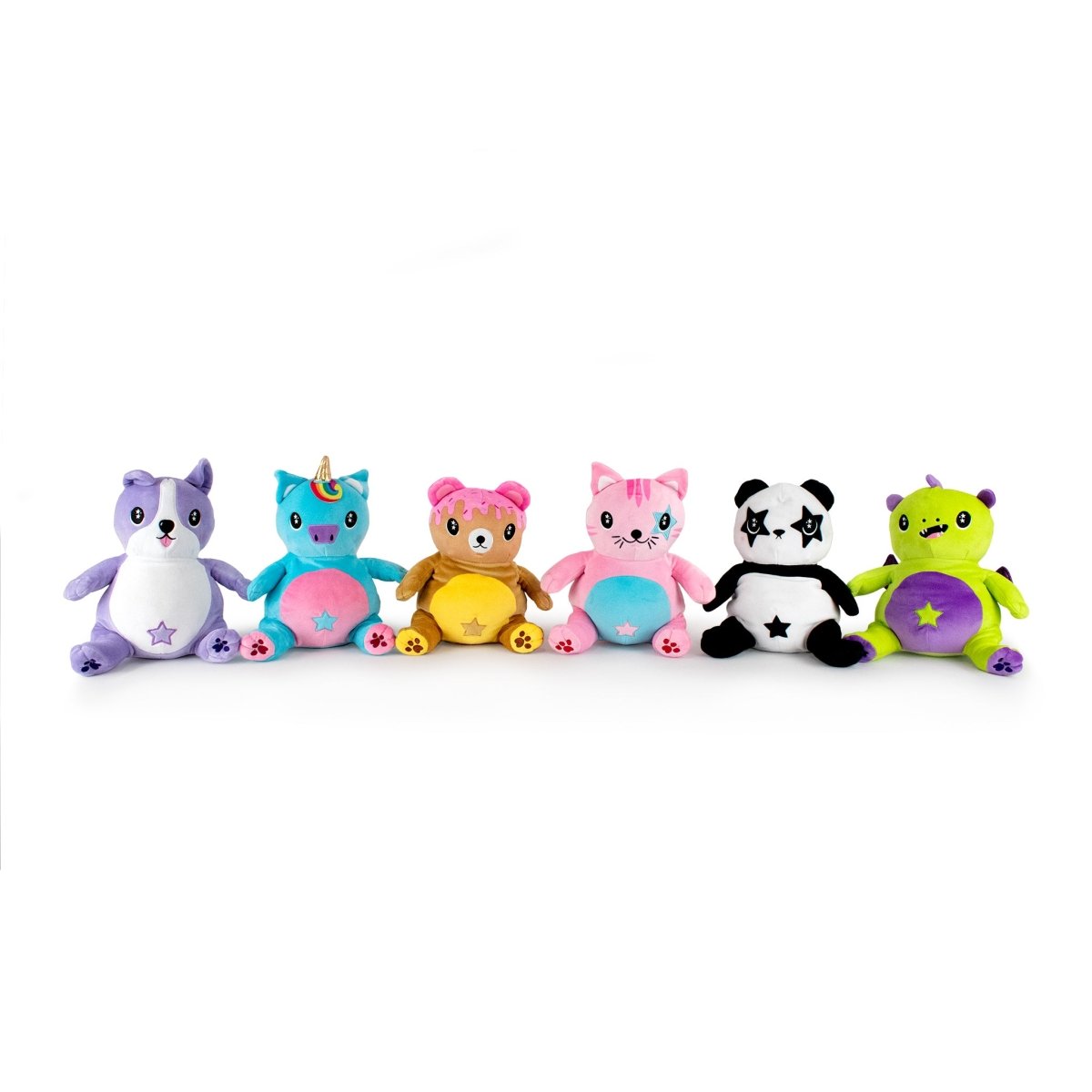 A row of six colorful stuffed animals, including a purple creature, blue unicorn, brown bear with sensory softness, pink cat, Pandy the Panda Starlight Buddy Plushie in black-and-white, and a green dinosaur. Each features unique details and stars on their bodies.
