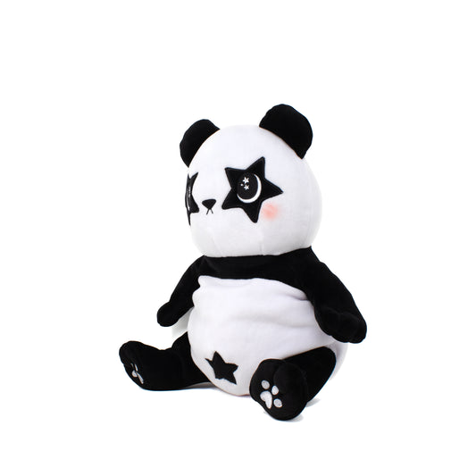 Pandy the Panda Starlight Buddy Plushie offers sensory softness with black ears, arms, legs, and star-shaped eyes. Its white body has a black star on the belly. Ideal as a nighttime companion, it sits against a white background with paw prints.