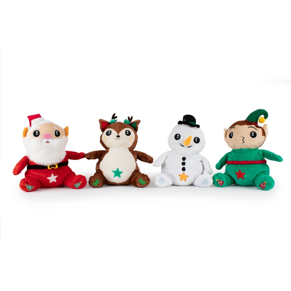 The Santa Starlight Buddy is a holiday-themed plush toy with a star on its belly, a colorful festive outfit, and a friendly expression—perfect for Christmas cuddling.