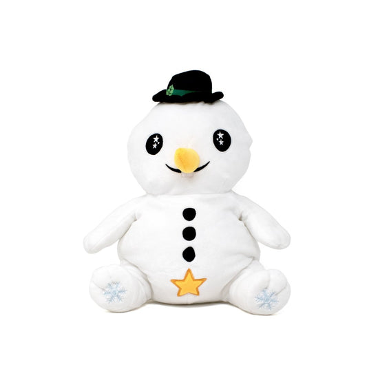 Meet Jack the Snowman Starlight Buddy, a cute plush toy with a black hat, starry eyes, carrot nose, and buttons. It has yellow star and snowflake designs on its feet against a plain white background.