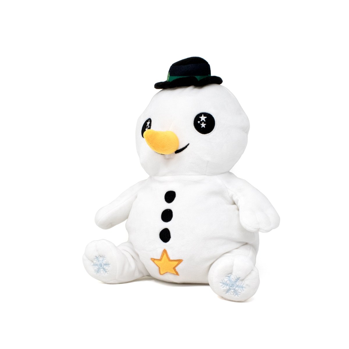 Jack the Snowman Starlight Buddy is a charming plush snowman with black button eyes, an orange carrot nose, and three black buttons. It wears a black hat and features an orange star on its belly, plus snowflake patterns on its feet.