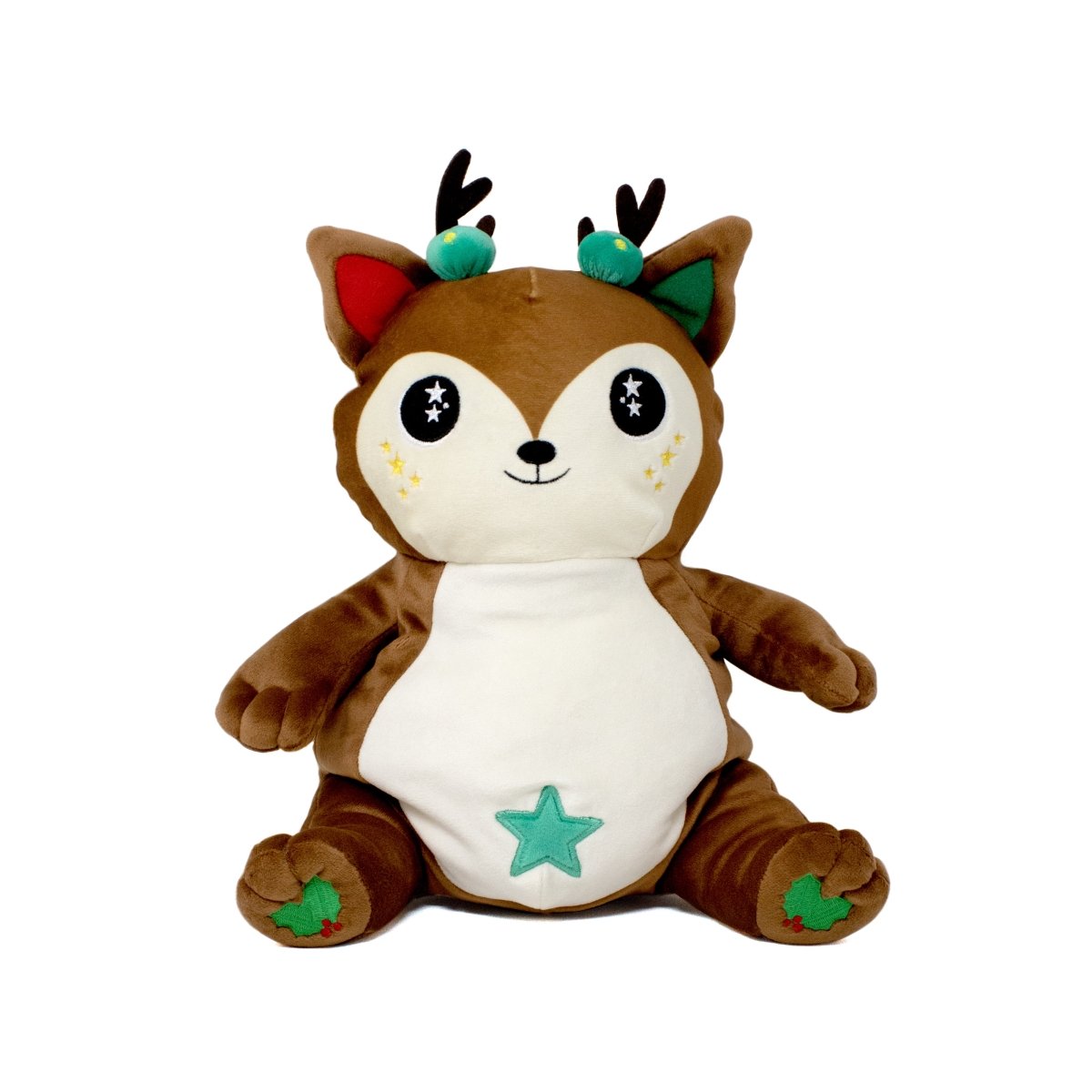 Mitzy the Reindeer Starlight Buddy is a cute plush toy with large black and white eyes, small green-accented antlers, a white belly, and a light blue star on its tummy. It features brown fur, red inner ears, and charming green paws.