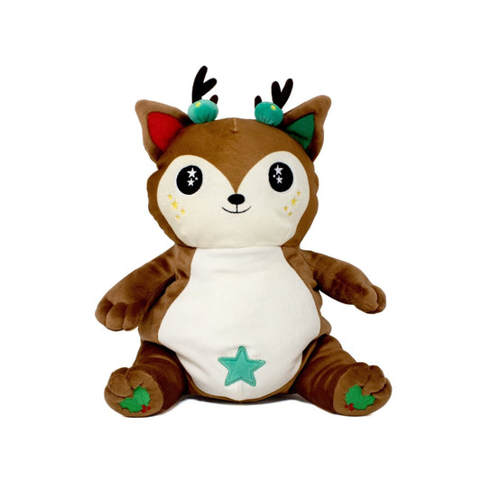 Mitzy the Reindeer Starlight Buddy is a cute plush toy with large black and white eyes, small green-accented antlers, a white belly, and a light blue star on its tummy. It features brown fur, red inner ears, and charming green paws.