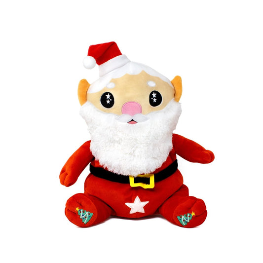 The Santa Starlight Buddy is a festive plush toy in a red suit with a white beard, star on its belly, and Christmas tree designs on its feet—perfect for holiday snuggles.