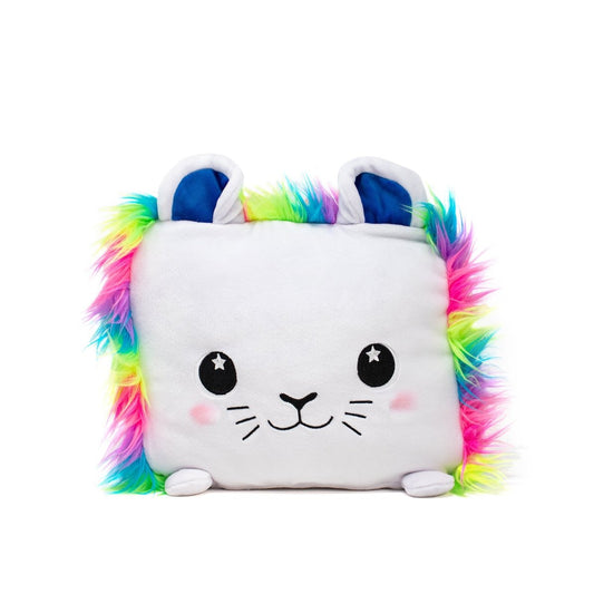 Stella the Lion Plushie is a square plush pillow resembling a cute stuffed animal, featuring starry eyes, pink cheeks, and small ears. It has colorful, fluffy rainbow fur around the edges for an irresistibly soft touch.