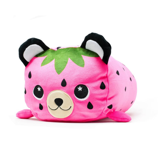 This cuddly toy, Strawbeary the Bear Plushie, is a pink strawberry-shaped bear featuring black seed-like spots, black and white ears, and a green leafy top. Its cartoonish face has big eyes and a small smile, making it ideal for plushie fans.
