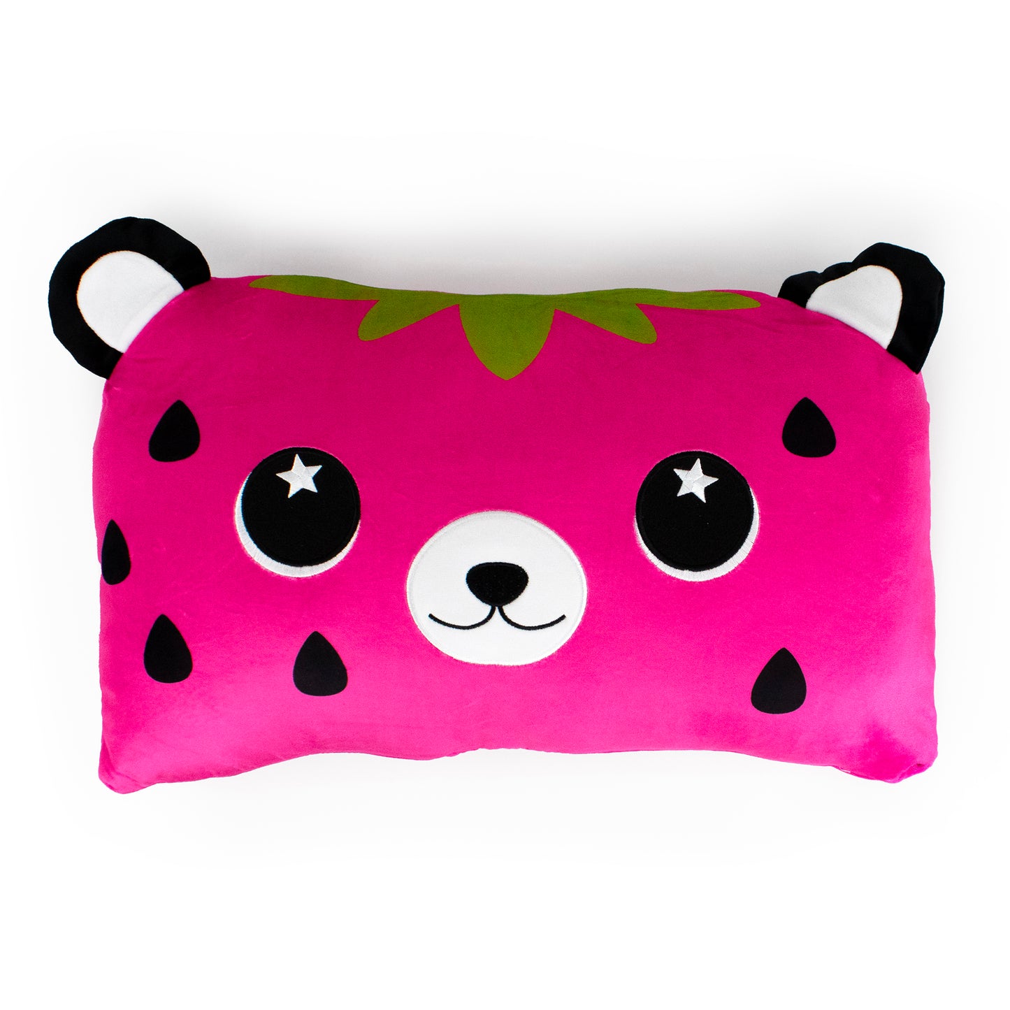 Strawbeary the Bear Sleep Pillow is a rectangular pink pillow with a cute bear face, large starry eyes, black ears, teardrop “seeds," and green strawberry detail on top—an adorable stuffed accent for any room.