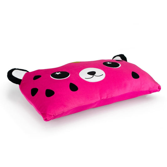 Strawbeary the Bear Sleep Pillow is a rectangular, bright pink cuddle pillow featuring a cute animal face with black and white ears, round starry eyes, a smiling mouth, and black spots on the cheeks.