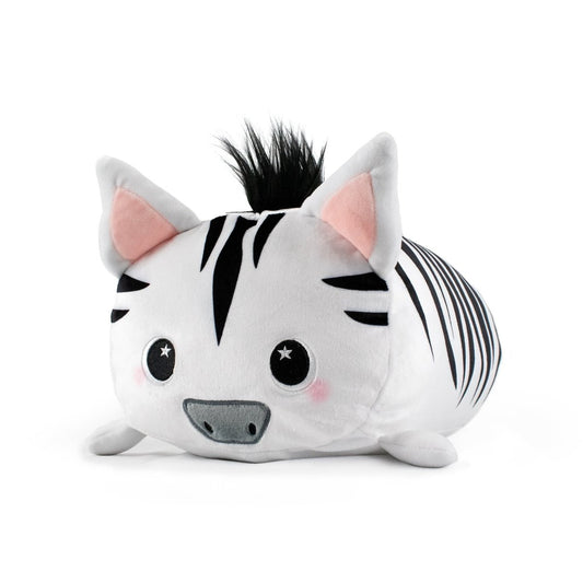 Stripey the Zebra Plushie is a cuddly, rounded stuffed toy with large pink ears, black stripes, a short mane, blushing cheeks, and big starry eyes on its cute cartoon face.