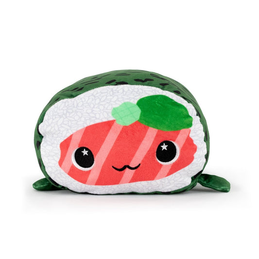 Susie the Sushi Plushie is a cute stuffed animal resembling a sushi roll, featuring a pink face with big eyes and smile. Wrapped in green seaweed-like fabric, it includes white rice details and has a decorative green garnish on top.