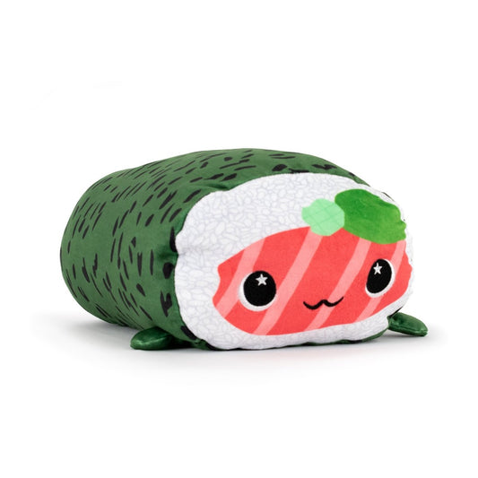 Susie the Sushi Plushie is an adorable stuffed animal resembling a sushi roll with a cute face, featuring a pink center and green seaweed exterior. It has small legs and a smiling expression, set against a plain white background.