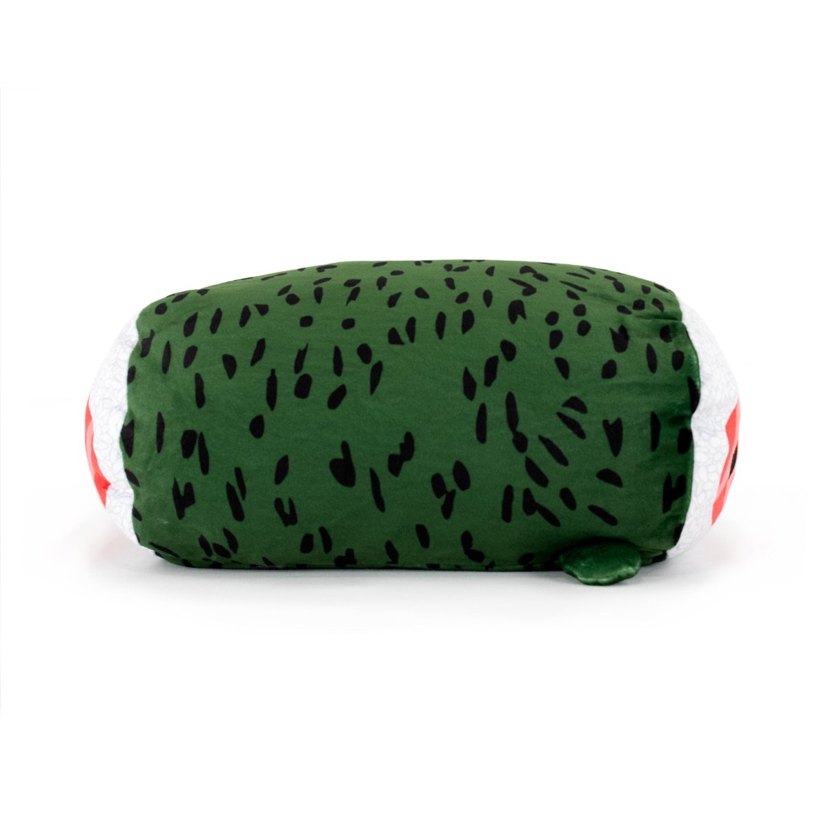 Named Susie the Sushi Plushie, this adorable plush pillow resembles a sushi roll with a green cover featuring black spots like seaweed and red and white ends mimicking fish and rice.