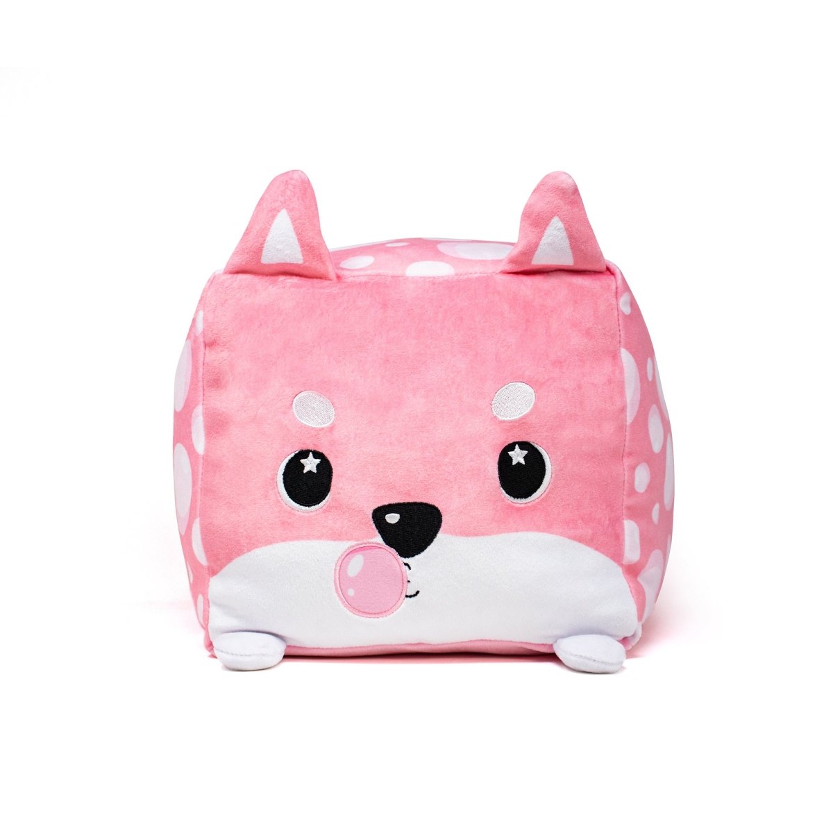 Sweet Tooth the Shiba Puppy Plushie is an adorable, pink cube-shaped toy featuring starry eyes, a small round nose, perky ears, white spots, and a white patch near the bottom. Perfect for cuddling!.