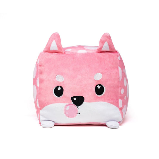 Sweet Tooth the Shiba Puppy Plushie is an adorable, pink cube-shaped toy featuring starry eyes, a small round nose, perky ears, white spots, and a white patch near the bottom. Perfect for cuddling!.