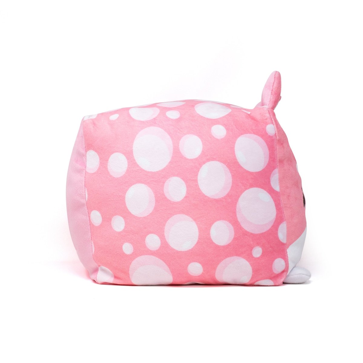 Sweet Tooth the Shiba Puppy Plushie: A cube-shaped, pink plush toy with white polka dots and small ears, perfect for cuddling.