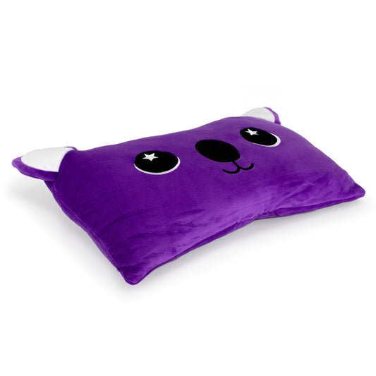 Taz the Koala Sleep Pillow is a rectangular, purple, cuddly pillow shaped like a koala face with embroidered black eyes, nose, smiling mouth, and white ears on the corners—perfect for cozy snuggles.