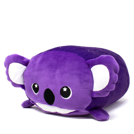 Taz the Koala Plushie is a purple, round-bodied toy with starry-eyed reflections and small limbs. Its charm is enhanced by white ears and snout, bringing Down Under magic to any room against a white background.