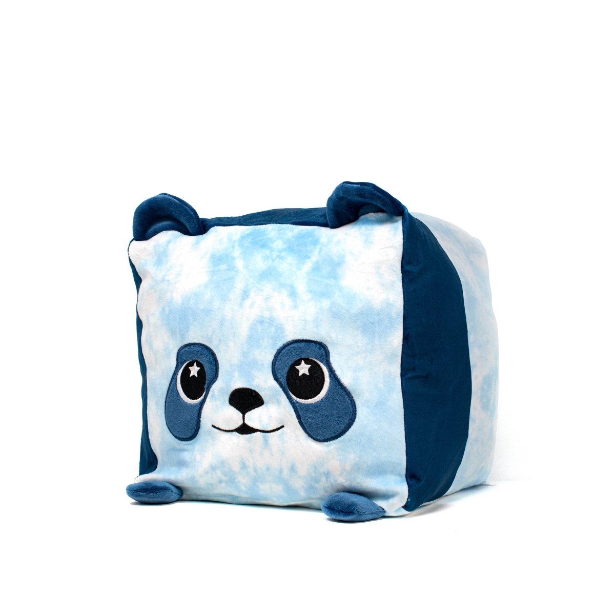 Tonya the Panda Plushie is a cube-shaped, blue and white panda plush toy featuring starry eyes, a smiling face, small round ears, and paw-like corners. It's perfect for cuddling and displayed against a plain white background.