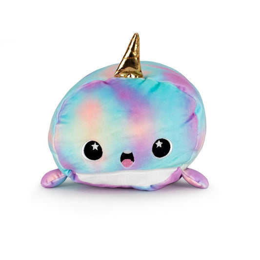 Tootsie the Narwhal is a plush toy with a round shape, golden horn, pastel rainbow colors, big black eyes with star highlights, a smiling mouth, and small flippers. Ultra-soft and machine washable for easy care.